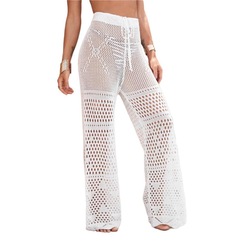 MakeMeChic White Crochet Knitted Sheer Cover Up Drawstring Pants Mesh Swimwear L